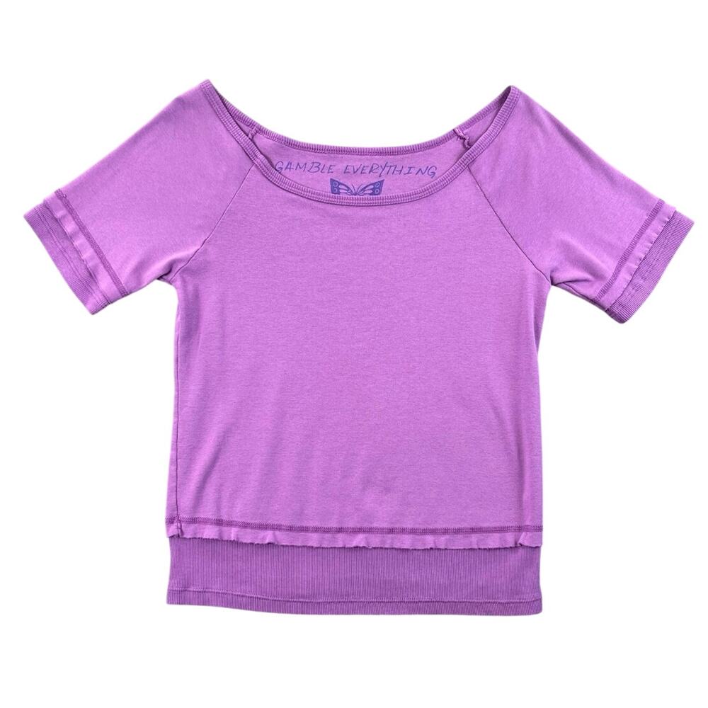 Glima Pima Cotton Purple Ballet Neck Top Butterfly Graphic Made USA - S/M